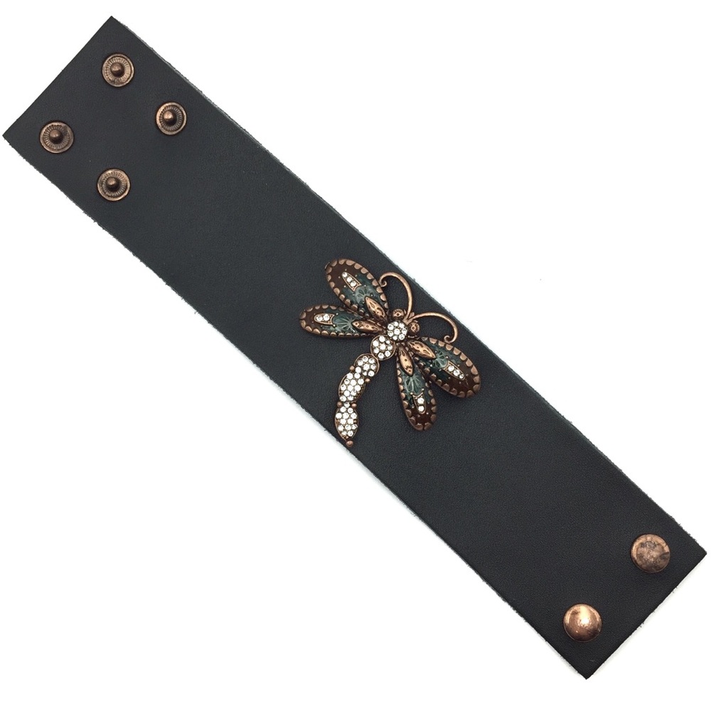 Black Leather Western Rhinestone Wide Copper Dragonfly Wrap Snap Bracelet